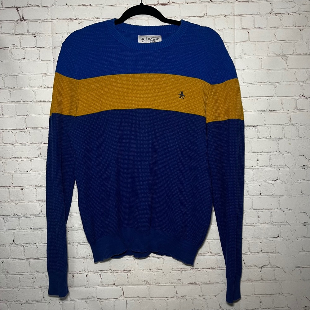 Original Penguin Mens Blue Yellow Stripe Crew Neck Waffle Knit Sweater Size M‎